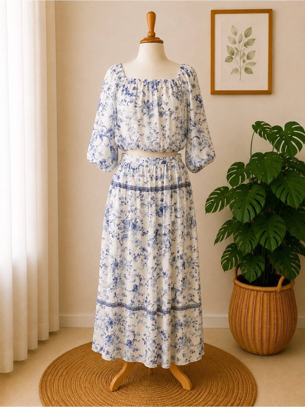 Calypso St Barth Blue White Floral Crop Top Maxi Skirt Set